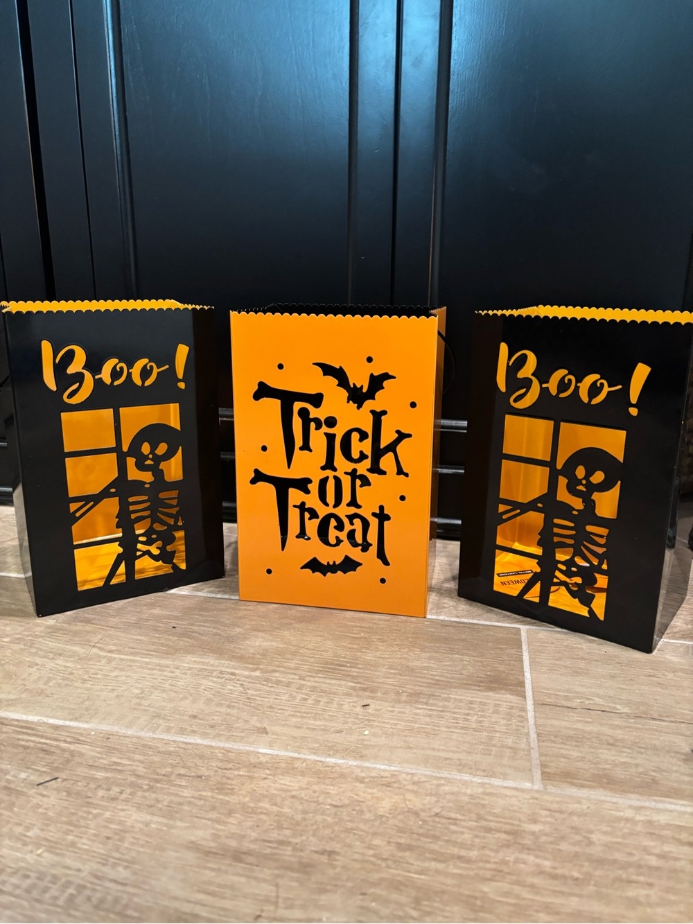 3 Halloween Boo Trick or Treat Vintage Paper Bag Style Luminary Candle Holders